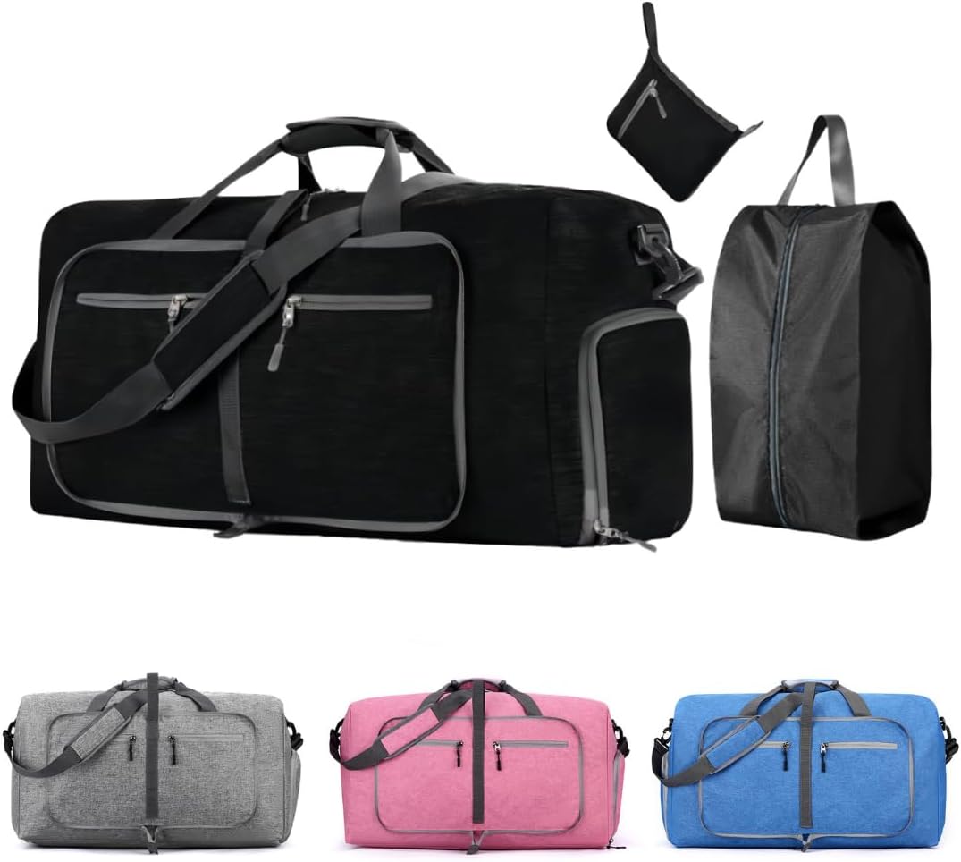 Travel Bag Gym Bag Folding Boston Bag Duffel Bag Carry On Large Capacity 65L Waterproof With Shoe Bag No Logo (Black, 24.8inch×11.4inch×13.8inch)