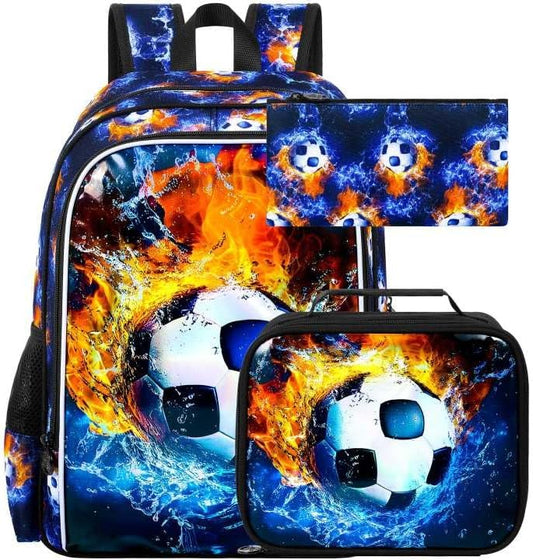 17" Soccer Backpack for Boy, 3Pcs Football School Backpacks with Lunch Box, Kids Bookbag for Elementary Preschool Kindergarten(Blue)