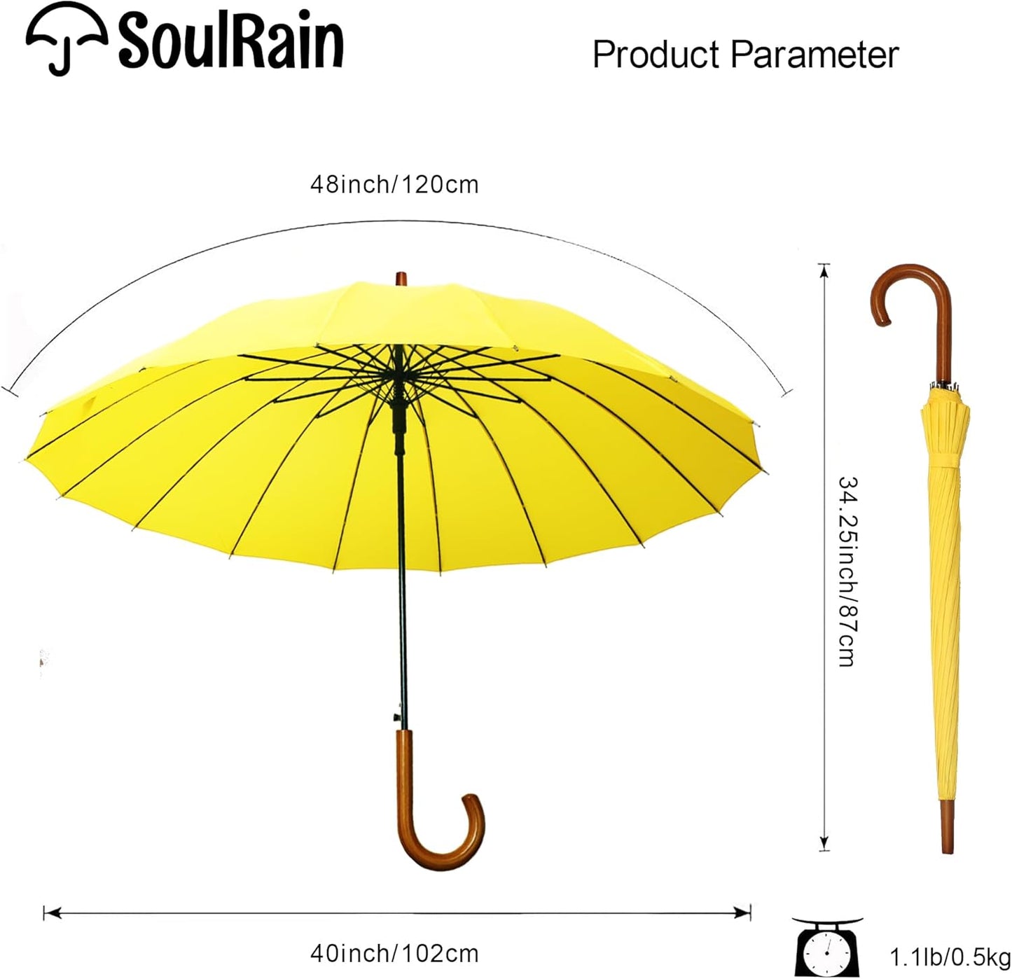 SoulRain 16 Ribs 48" Stick Umbrella Auto Open Solid Color Fashionable and Simple，Arc Classic Wood Handle，Windproof Unbreakable Stick Rain Umbrella
