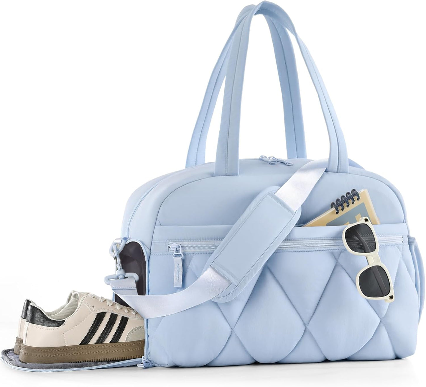 Gym Bag for Women, Puffer Travel Duffle Bag With Shoes Compartment & Wet Pocket, Carry On Tote Bag For Weekender, Overnight, Sport (Navy Blue)