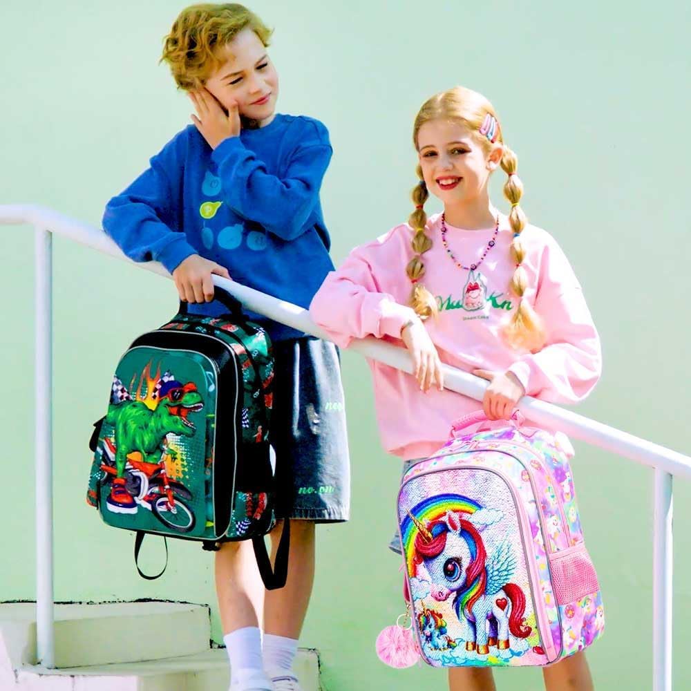 KLFVB 3PCS Cat Uni Dinosaur Backpack for Girls and Boys, 16" Kids Bookbag and Lunch Box, Preschool Backpacks for Elementary