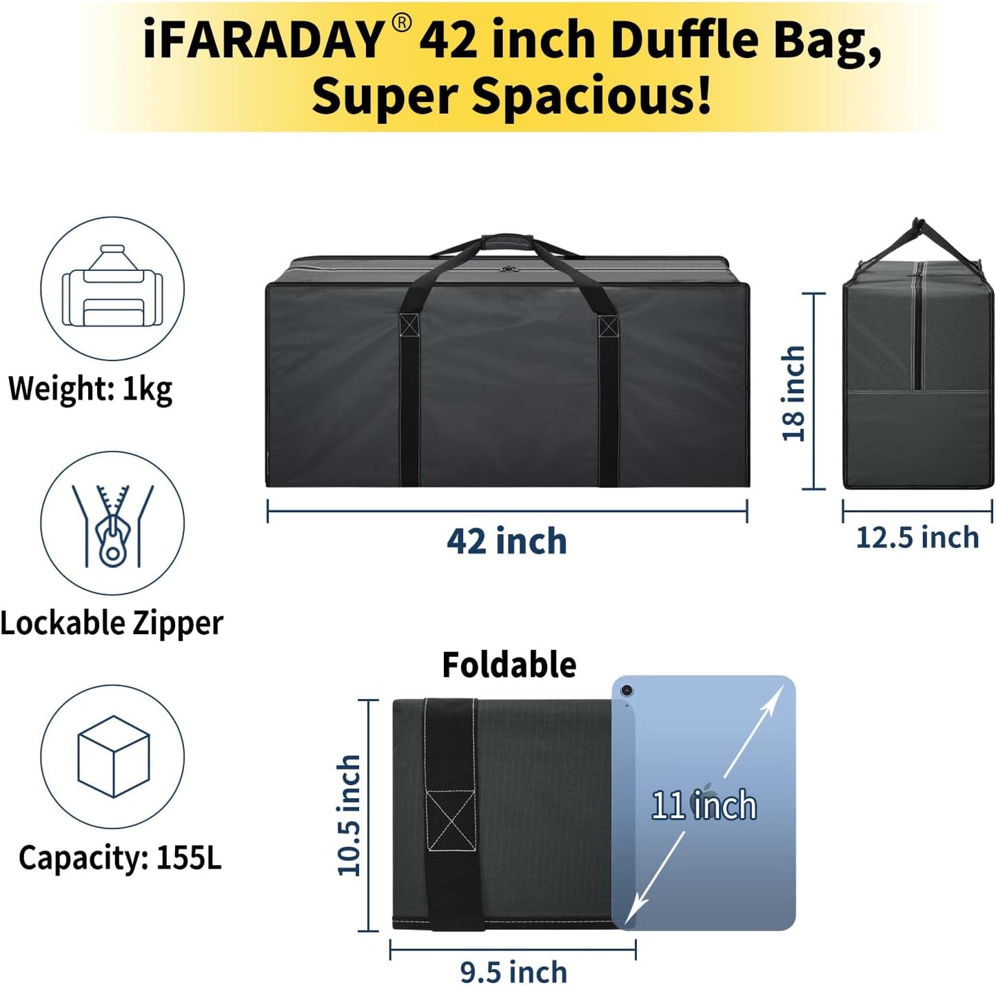 155L Extra Large Duffle Bag - 42 inch Heavy Duty & Water Resistant Duffel Bag Durable Luggage Storage Bag for Camping, Travel, Sports (Grey)