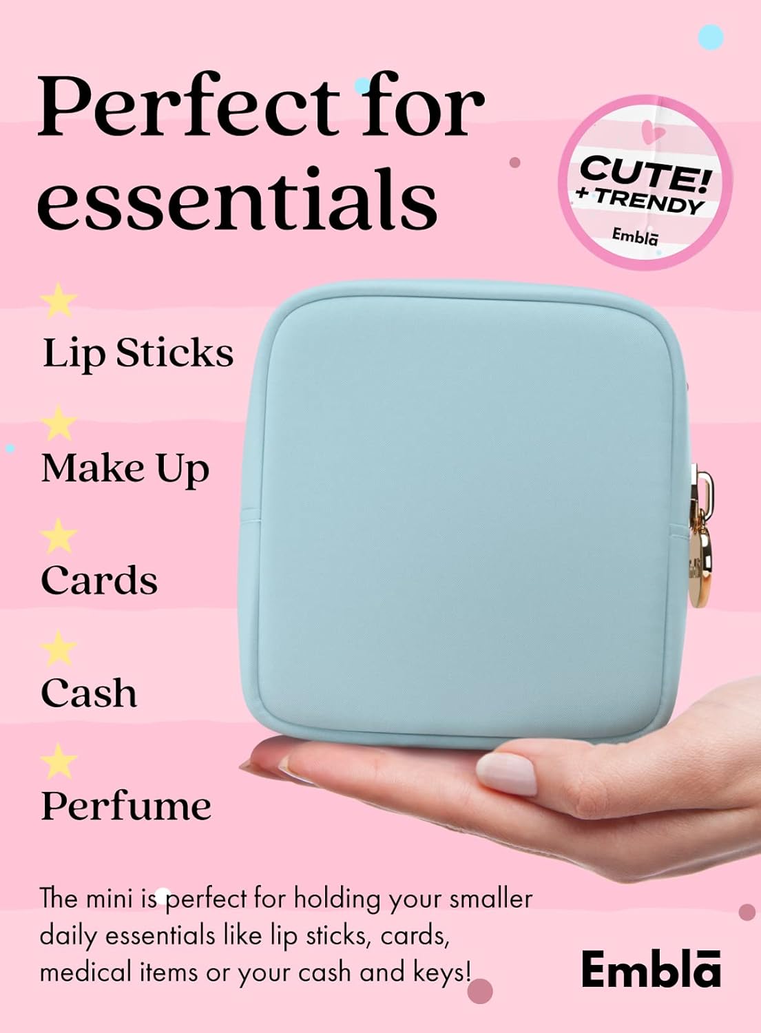 Embla Makeup Bag Travel Cosmetics Pouch and Toiletry Bag, Nylon Zipper Pouch Purse, Cute Make Up Organizer Storage Tote for Women Girls, Waterproof Travel Skincare Case, Small Makeup Bags, Sky Blue