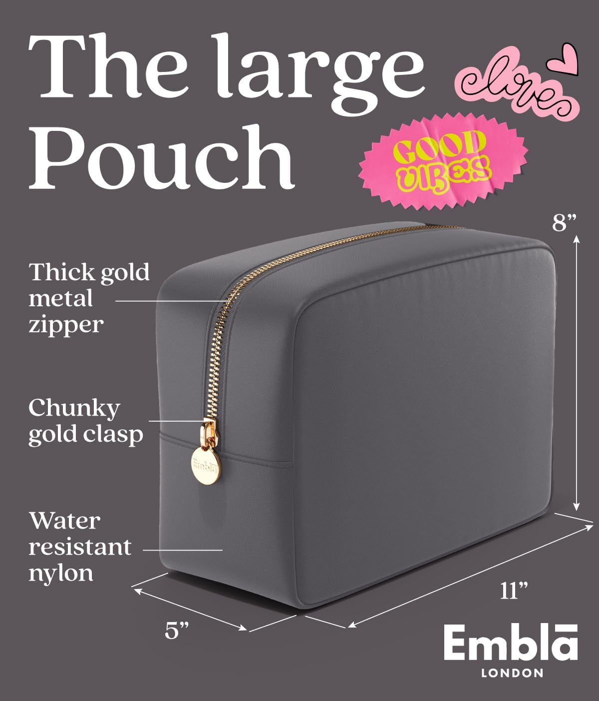 Embla Makeup Bag Travel Cosmetics Pouch and Toiletry Bag, Nylon Zipper Pouch Purse, Cute Make Up Organizer Storage Tote for Women Girls, Waterproof Travel Skincare Case, Large Makeup Bags, Grey