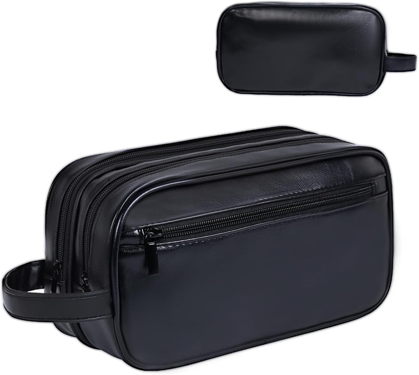 Mens travel toiletry bag, Gift For Men，PU Leather Water Resistant Cosmetic Bag Dopp Kit Shaving Pouch with Large Capacity for Toiletries Accessories(Black)