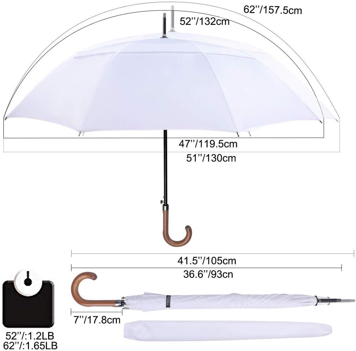 G4Free 52/62inch Wooden J Handle Golf Umbrella Windproof UV Protection Classic Stick Wedding Cane Umbrellas, Auto Open Cane Hook Handle