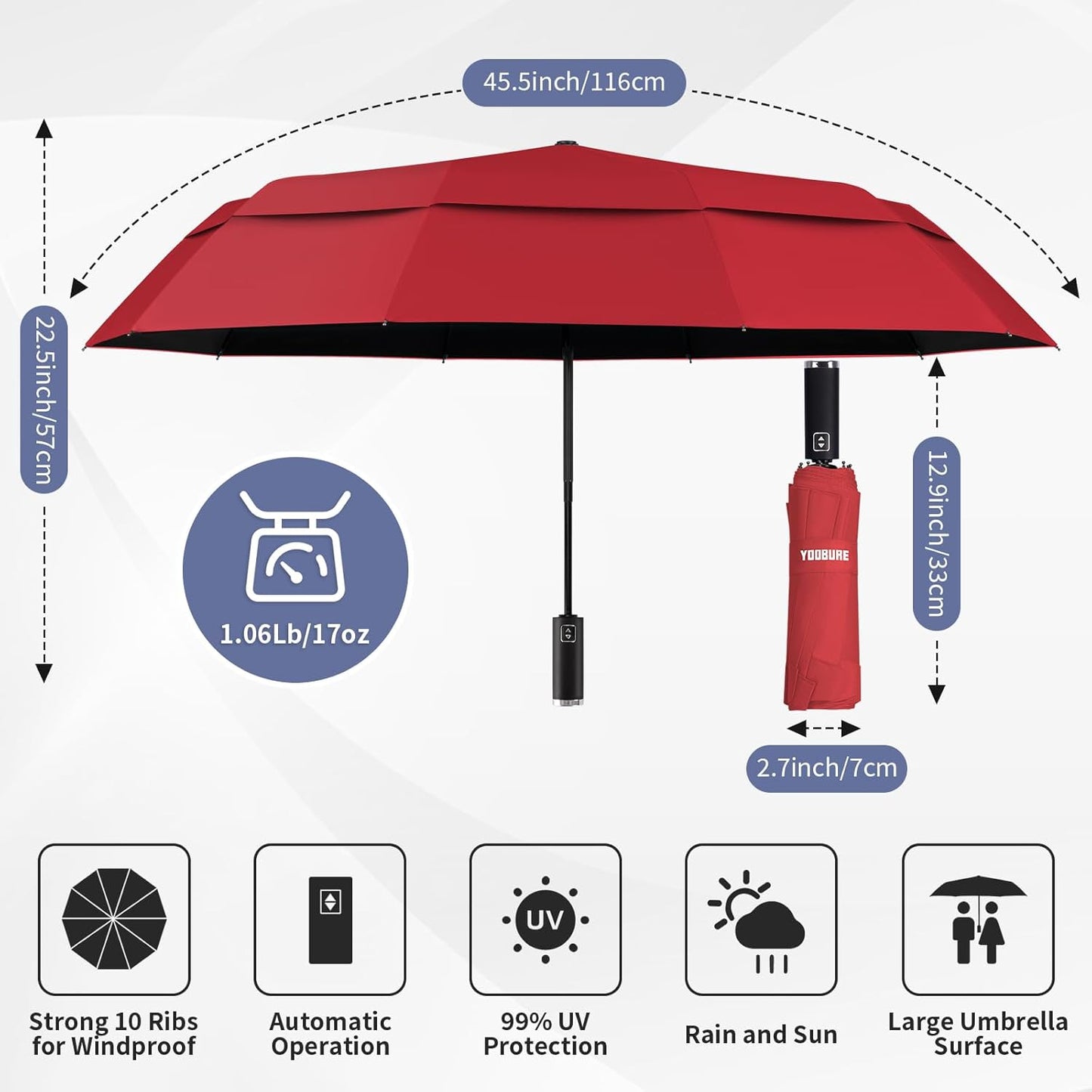 Yoobure Windproof Travel Umbrella with Wood Handle - Automatic Umbrellas for Rain & UV Sun Protection, Compact 46" Large Canopy, Lightweight Backpack Portable for Walking & Outdoor