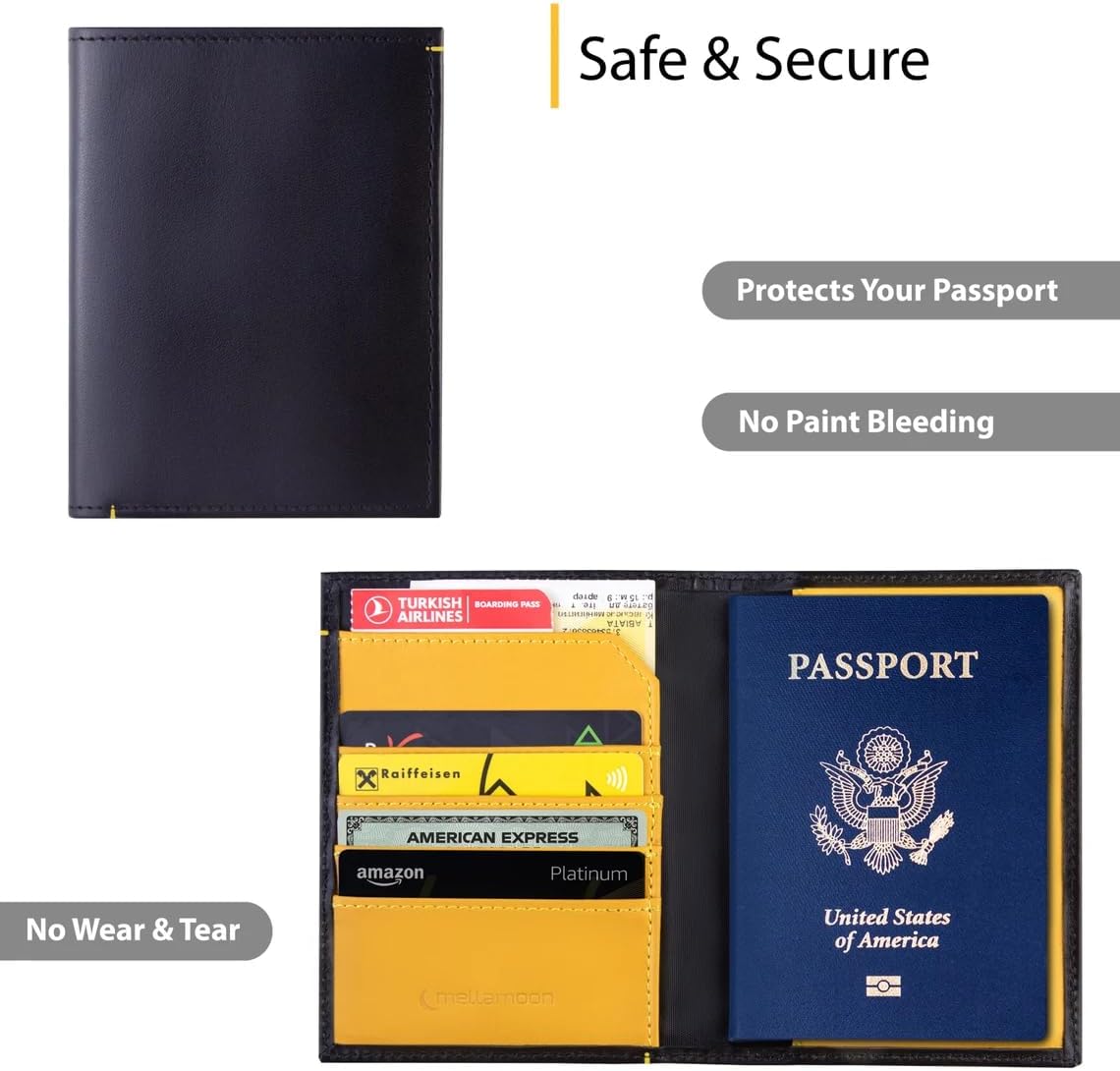 Leather Passport Holder for Men & Women – Genuine Leather RFID Travel Wallet – Slim Handmade Passport Cover with Card Slots & Document Pockets – Bicolor Black & Yellow Design