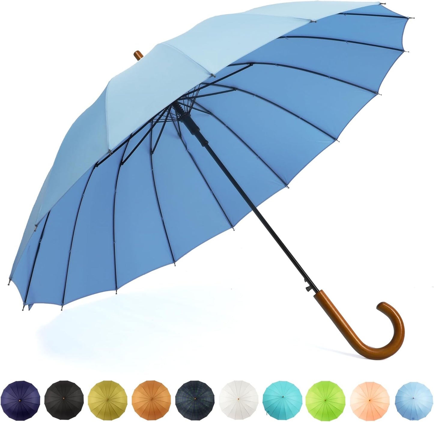 SoulRain 16 Ribs 48" Stick Umbrella Auto Open Solid Color Fashionable and Simple，Arc Classic Wood Handle，Windproof Unbreakable Stick Rain Umbrella