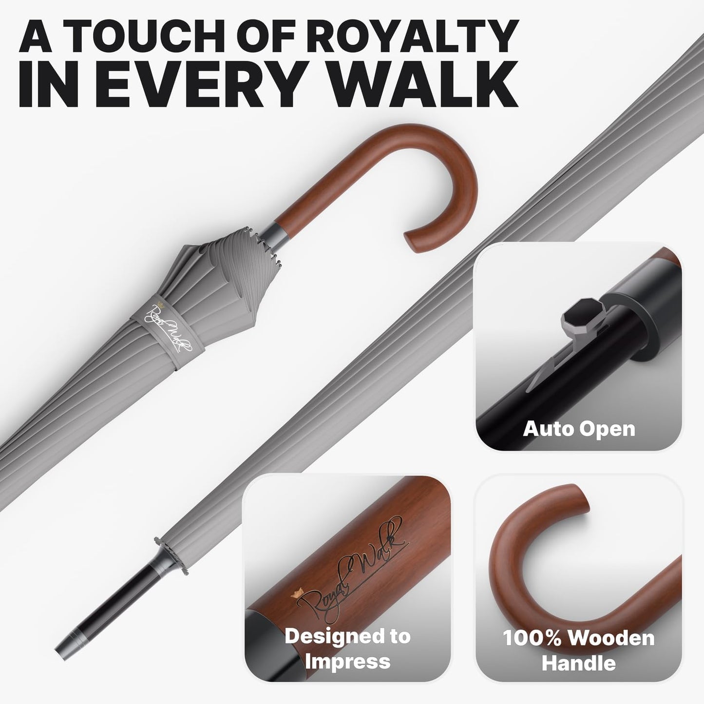 Royal Walk Windproof Large Umbrella for Rain 54 Inch Automatic Open for 2 Persons Wind Resistant Big Golf Umbrellas for Adult Men Women Classic Wooden Handle Fast Drying Strong 16 Ribs Travel 120cm