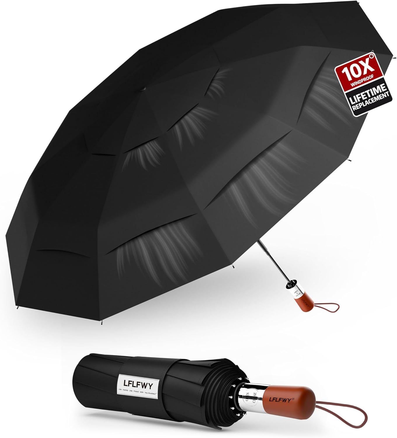 Umbrella Strong Windproof, Triple-Layer Canopy, 10 Fiberglass Ribs, Auto Open/Close, Wooden Handle, Sleeve with Anti-Loss Hook, Umbrellas for Travel & Commute & Daily Use & Gift