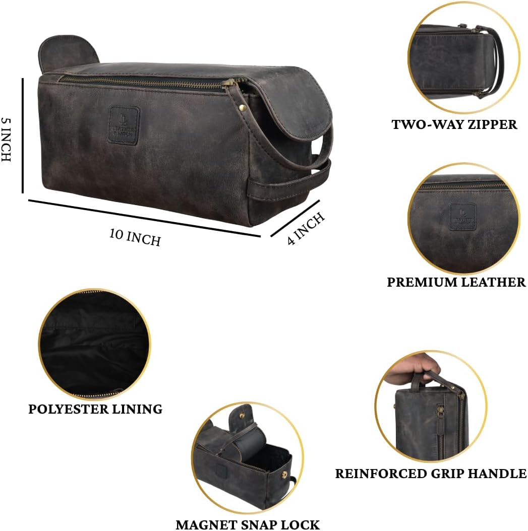 Leather Travel Toiletry Bag for Men & Women – Genuine Leather Dopp Kit, Shaving Organizer, Waterproof Lining, Spacious Toiletry Organizer Gift for Unisex- Chalkboard Grey