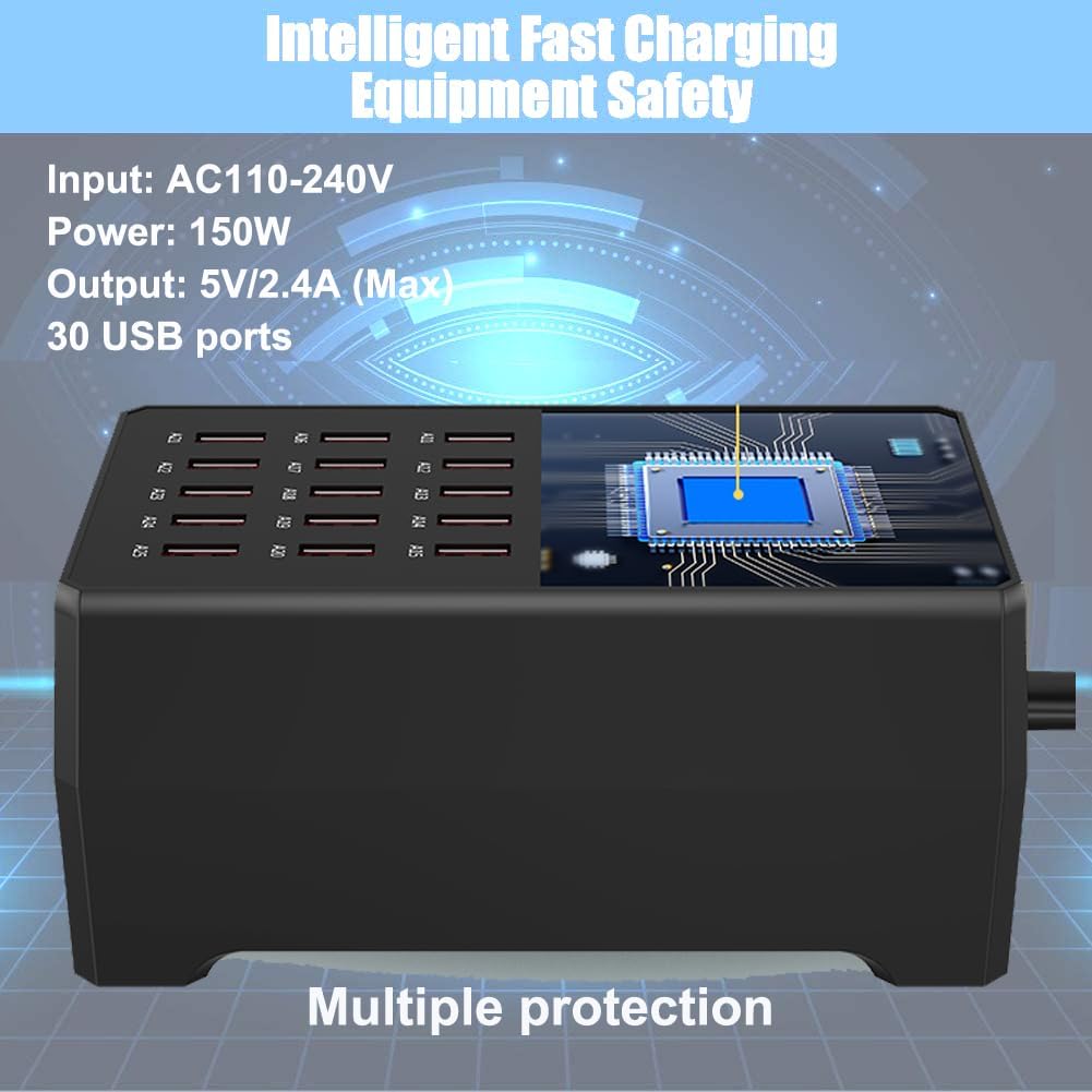 150W 30-Port Multi-Device USB Charging Station - Supports simultaneous Charging for Smartphones, Tablets, smartwatches and Other USB-Powered Devices.(30 Port Charger Station-Black)
