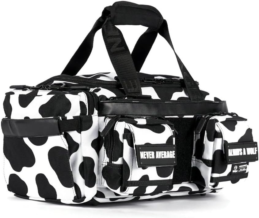 WOLFpak 20L Mini Duffle Bag for Gym & Travel | Waterproof Carry-On Weekender Bag with Shoe Compartment, Hard Bottom, and Tactical Molle System (Black & White Cow)
