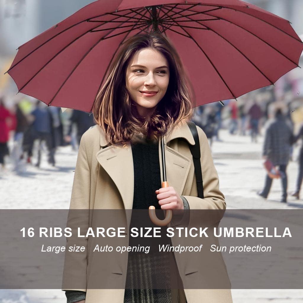 MRTLLOA 52 Inch Windproof Large Umbrellas for Rain, 16 Ribs, J Wooden Handle, 210T High-density Fabric Golf Stick Umbrella