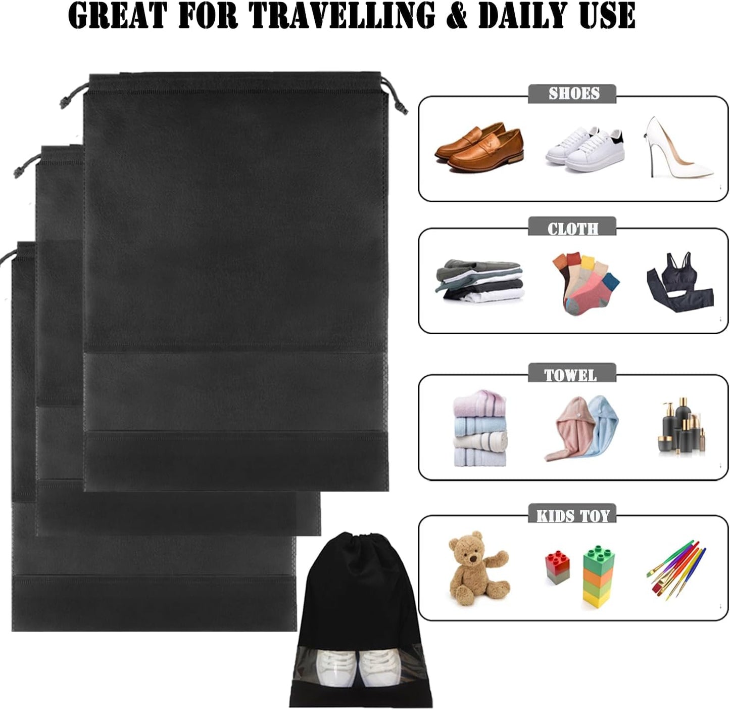 12pcs Non-woven Shoe Bags for Travel 12.6" X 17.3" Portable Shoe Bags with Clear Window, Large Drawstring Dustproof Travel Shoe Storage Bag for Men & Women, Black,XL Size