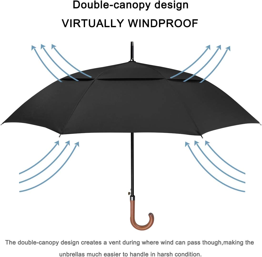 G4Free 52/62inch Wooden J Handle Golf Umbrella Windproof UV Protection Classic Stick Wedding Cane Umbrellas, Auto Open Cane Hook Handle