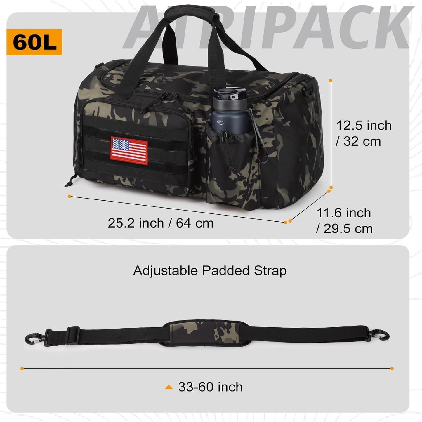 Tactical Gym Bag for Men, 60L Large Capacity Duffle Bags with Shoes Compartment, Sports Bag with wet compartment, Multi-functional Weekend Bags Suitable for Travel, Camping,hiking