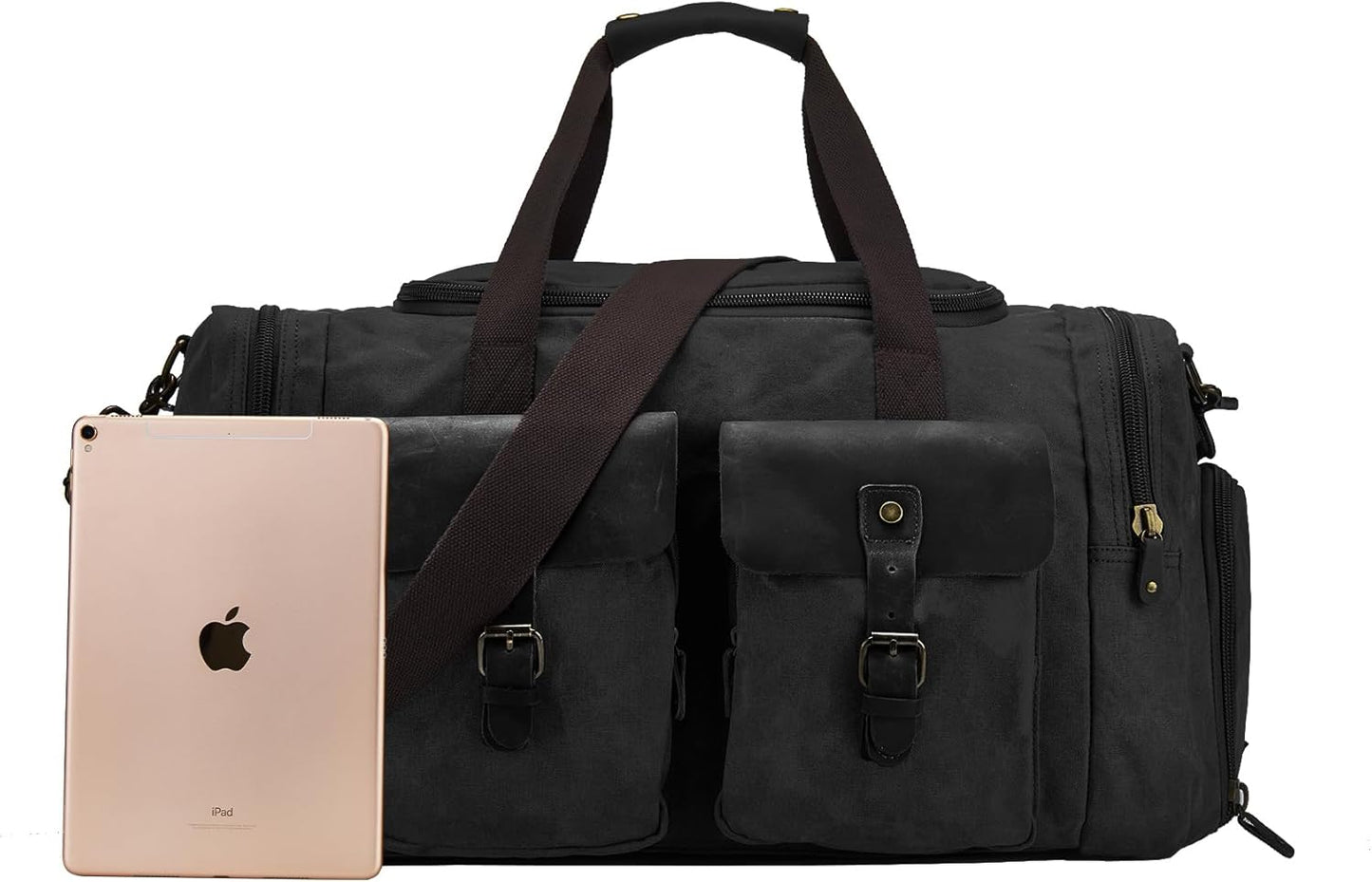 Waxed Canvas Vintage Overnight Duffel Weekend Travel Bag Waterproof For Men Women with Shoes Compartment (Black)