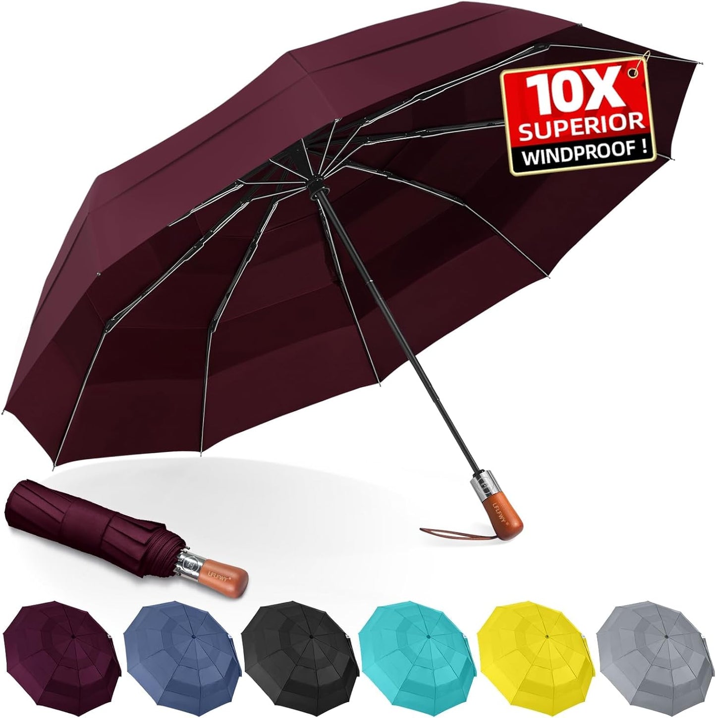 Umbrella Strong Windproof, Triple-Layer Canopy, 10 Fiberglass Ribs, Auto Open/Close, Wooden Handle, Sleeve with Anti-Loss Hook, Umbrellas for Travel & Commute & Daily Use & Gift