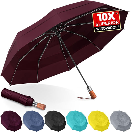 Umbrella Strong Windproof, Triple-Layer Canopy, 10 Fiberglass Ribs, Auto Open/Close, Wooden Handle, Sleeve with Anti-Loss Hook, Umbrellas for Travel & Commute & Daily Use & Gift