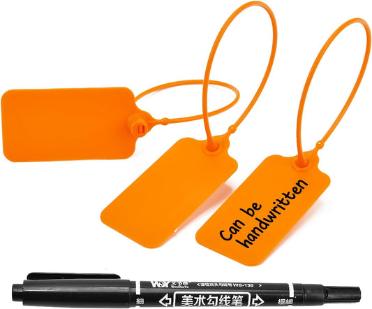 100pcs Luggage Tags Plastic Seals Shipping Label Logistics Use Sign Tie, Sealing Storage Multi Purpose Name ID Tag with Marker for Backpack, Schoolbag, Car Key (Orange)
