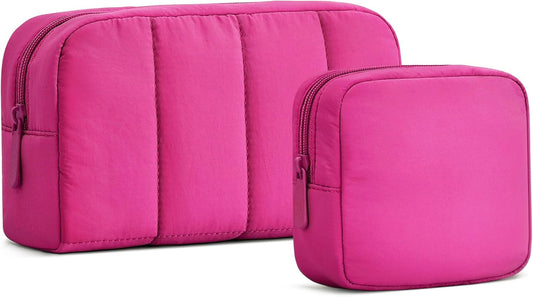 oscaurt 2 Pcs Makeup Bag Travel Toiletry Bag for Women Puffy Padded Cosmetic Pouch Purse Wide-open Makeup Organizer Case Travel Essentials