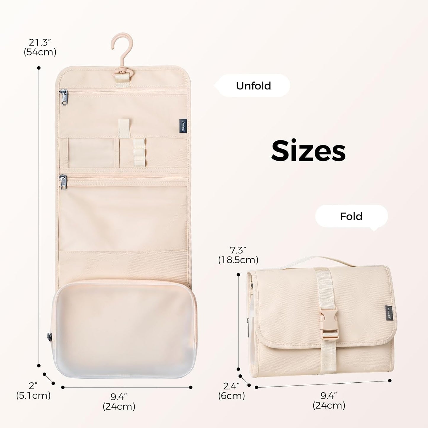 pack all Hanging Travel Toiletry Bag, Foldable Cosmetic Bag with Multiple Compartments, Water-Resistant Makeup Bag for Toiletries, Accessories (Light Beige)