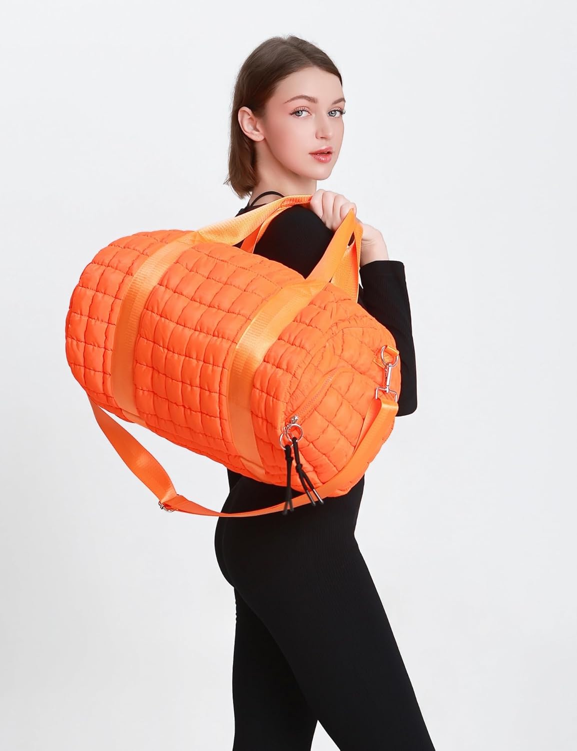 Quilted Duffel Gym Bag for Men and Women Carry On Travel Sport Weekender Bag, Orange