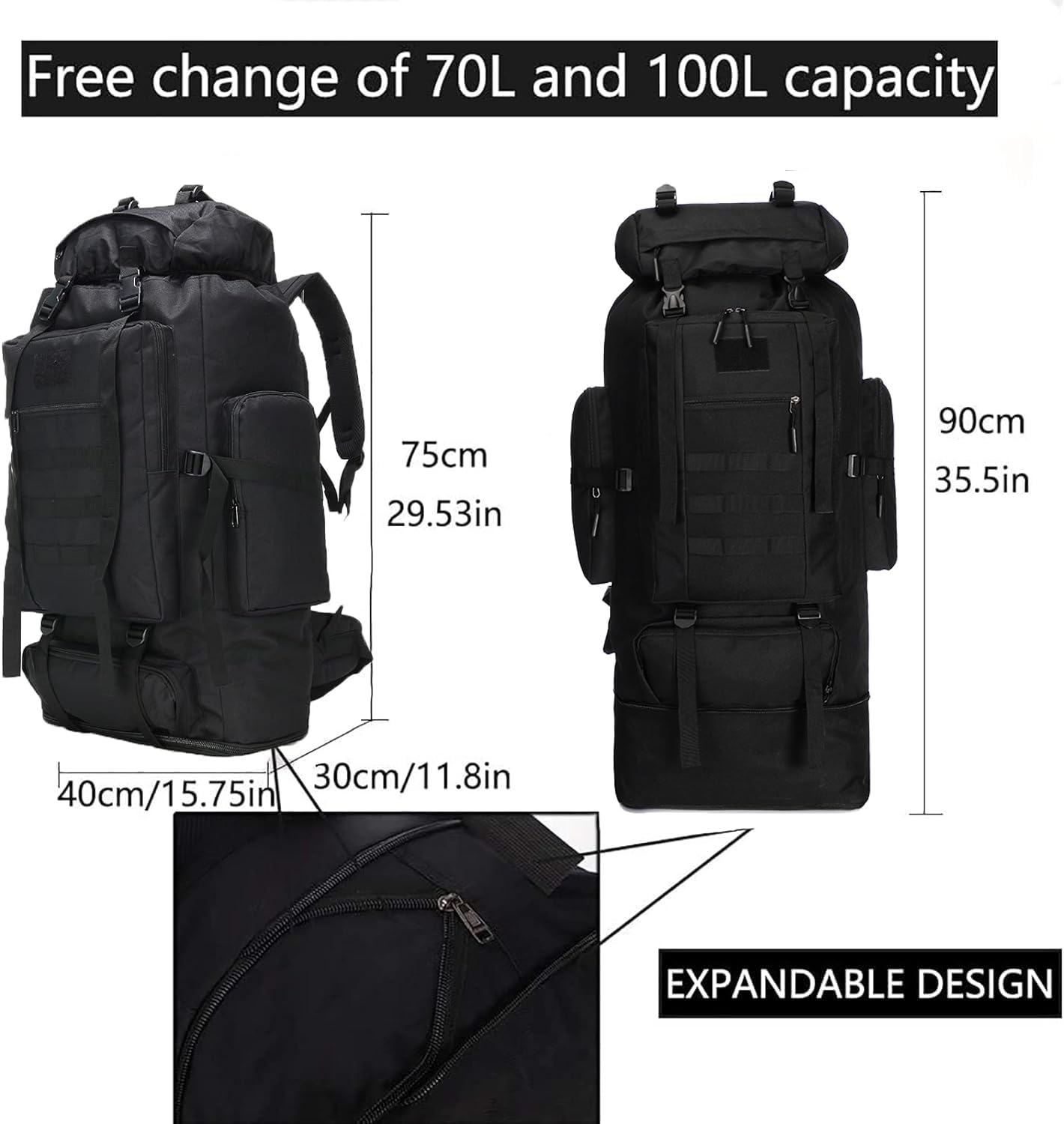 100L Hiking Backpack Men Large Waterproof Camping Backpack Lightweight Packable Backpacking Backpack Daypack Military Rucksack for Men Travel Climbing Outdoor Sports