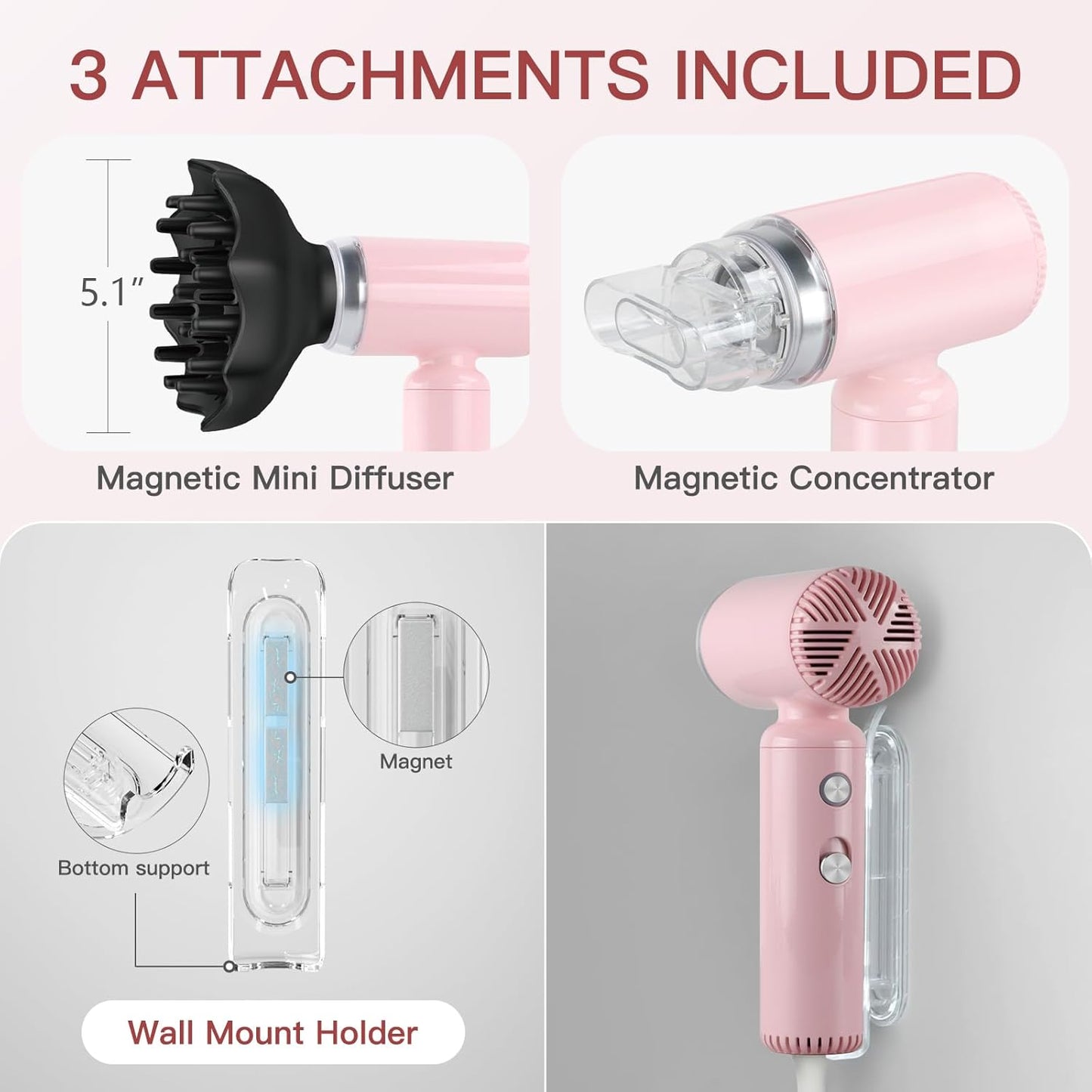 Webeauty Hair Dryer, [Super Mini] Ionic High-Speed Travel Blow Dryer with Diffuser 200 Million Negative Ions, 110,000RPM Brushless Motor for Home Salon Fast Drying Portable Lightweight, Pink