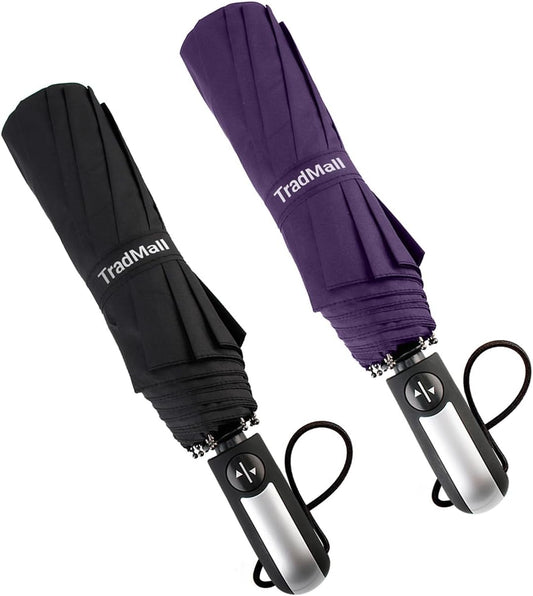 TradMall 2 Pack Travel Umbrella Windproof 46/56 Inches Large Canopy Reinforced Fiberglass Ribs Auto Open & Close
