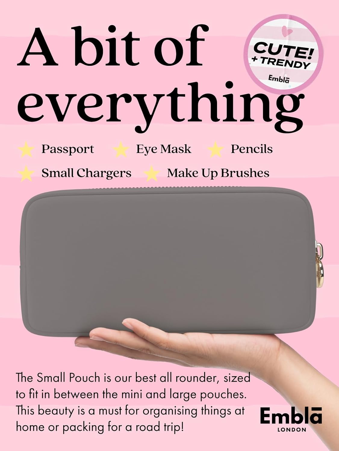 Embla Makeup Bag Travel Cosmetics Pouch and Toiletry Bag, Nylon Zipper Pouch Purse, Cute Make Up Organizer Storage Tote for Women Girls, Waterproof Travel Skincare Case, Small Makeup Bags, Grey