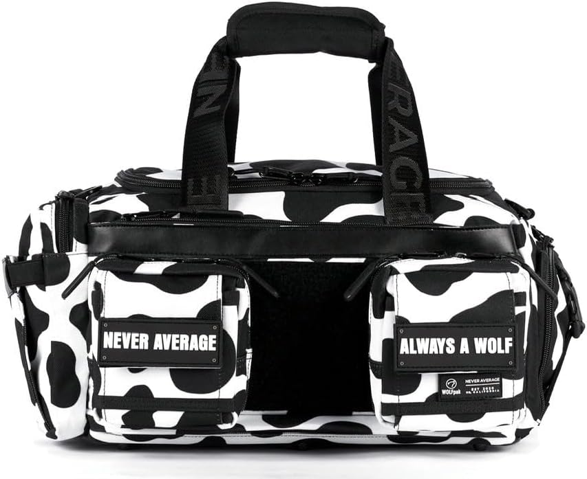 WOLFpak 20L Mini Duffle Bag for Gym & Travel | Waterproof Carry-On Weekender Bag with Shoe Compartment, Hard Bottom, and Tactical Molle System (Black & White Cow)