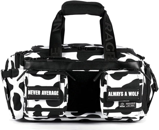 WOLFpak 20L Mini Duffle Bag for Gym & Travel | Waterproof Carry-On Weekender Bag with Shoe Compartment, Hard Bottom, and Tactical Molle System (Black & White Cow)