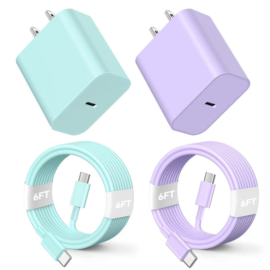 2 Pack 20W Colorful Fast Charger & 6FT USB C to C Cable for iPhone 16/15 Pro/Max/Plus, Pad Pro 12.9/11 inch