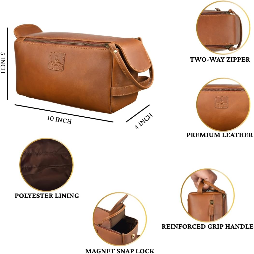 Leather Travel Toiletry Bag for Men & Women – Genuine Leather Dopp Kit, Shaving Organizer, Waterproof Lining, Spacious Toiletry Organizer Gift for Unisex - Cognac Brown