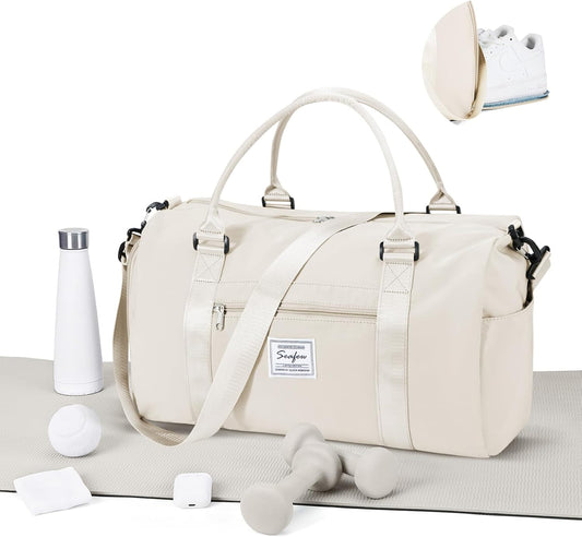 Gym Bag for Women Men with Shoes Compartment and Wet Pocket,Sport Swimming Yoga Bag,Waterproof Travel Duffel Bag Small Carry on Bag Overnight Weekender Bags Personal Item Bag for Airlines Cream White