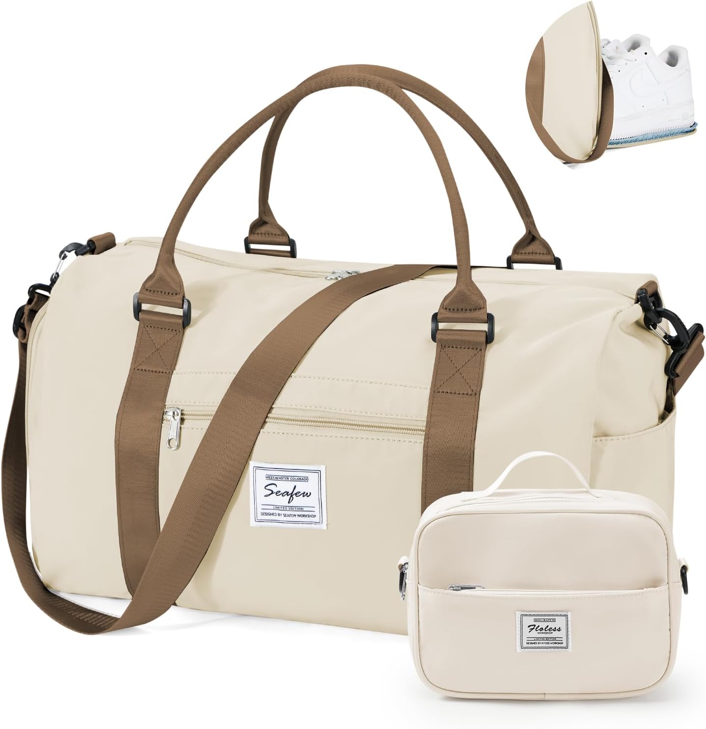 Gym Bag for Women with Shoes Compartment,Small Duffel Bag Sport bag with Toiletry Bag Overnight Travel Tote Bags Weekender Carry on Bags Personal Item Bag for Airlines Beige Brown