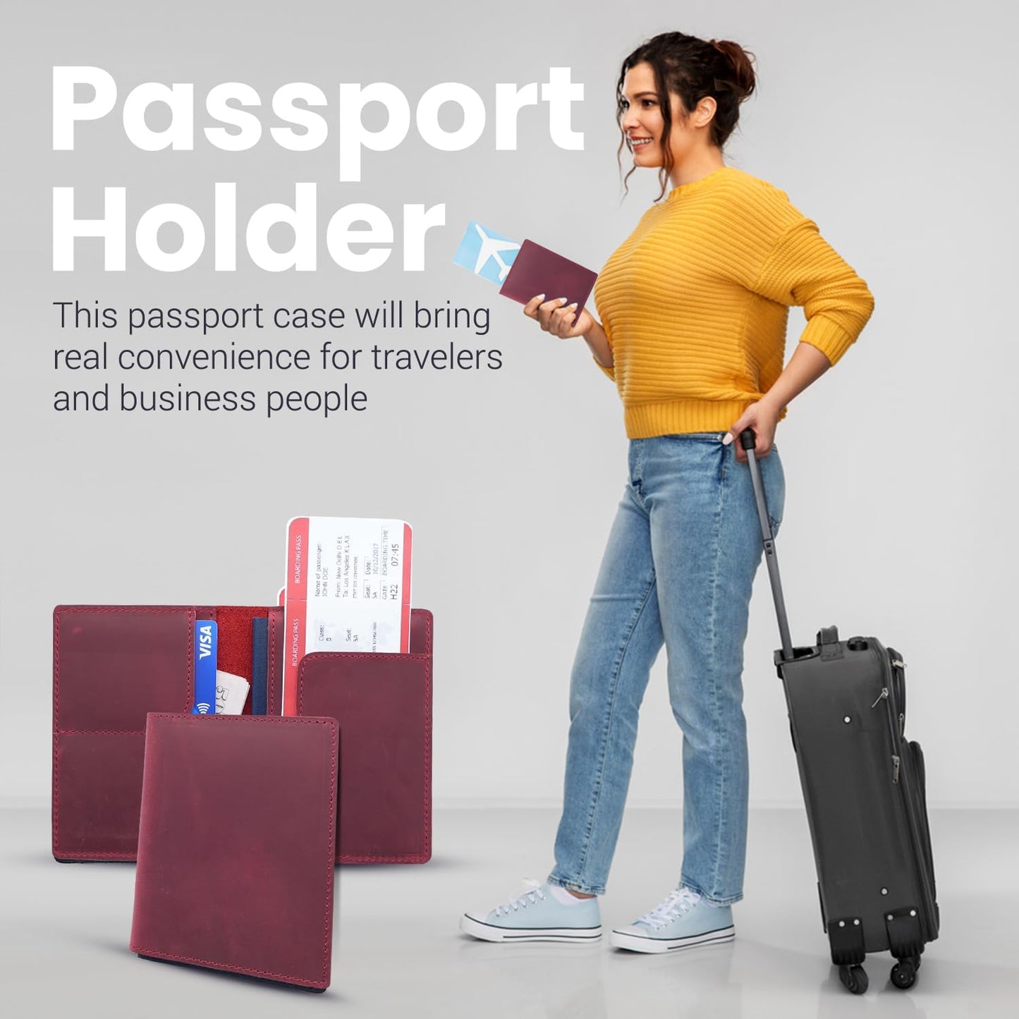 Leather Passport Holder with Travel Wallet, Genuine Leather Passport Cover- Passport Wallet, Leather Folding Wallet for Passports (Straight Cut, Red)