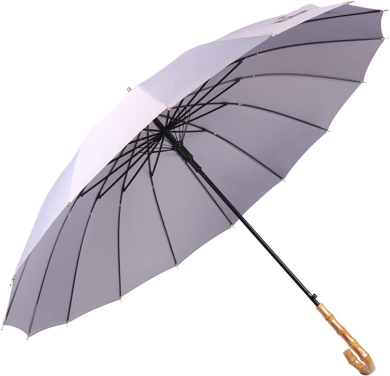 ThreeH Bamboo Stick Umbrella Auto Open Solid Color Fashionable and Simple 190T 16 Ribs, KS08 Grey