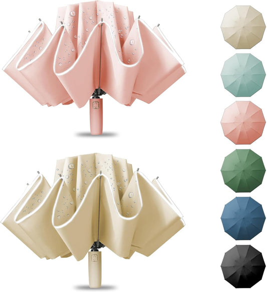 Large Windproof Travel Umbrella, Portable Reverse Folding Car Umbrella, Compact Inverted Design with Waterproof Canopy, Automatic, 10 Durable Ribs, 45.6/13 Inch, Fits Backpack