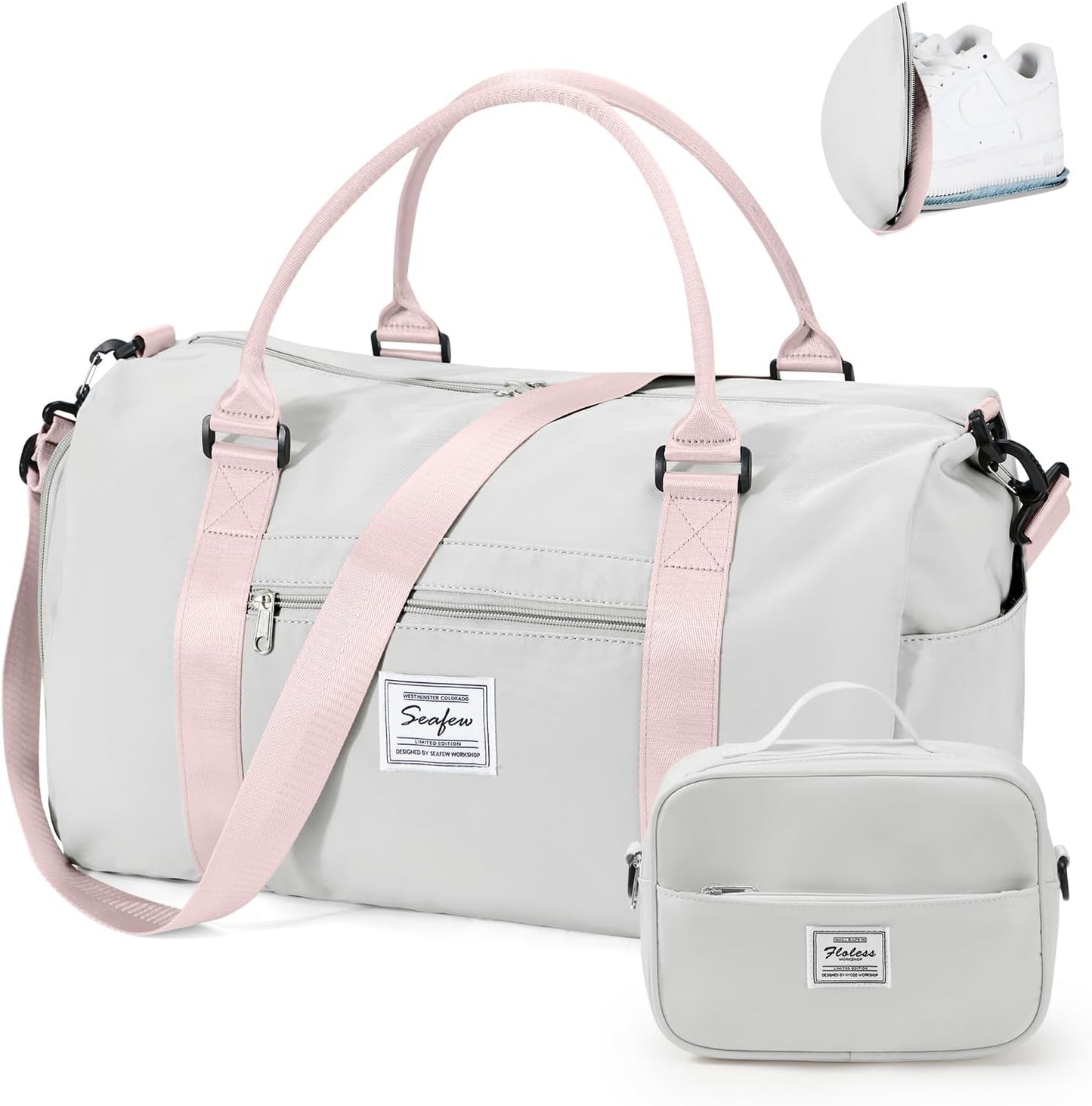 Gym Bag for Women with Shoes Compartment Small Duffel Bag Sport bag with Toiletry Bag Overnight Travel Tote Bags Weekender Carry on Bags Personal Item Bag for Airlines Grey Pink