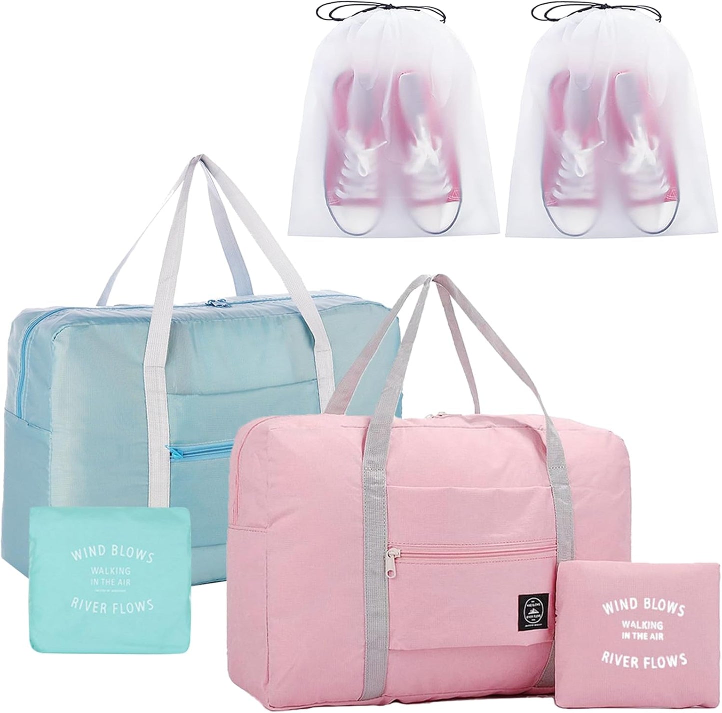 2PCS Travel Duffle Bag Tote Carry on Bag Nylon Lightweight Foldable Travel Bag Water Resistant Sports Gym Duffle Weekender Overnight Bag (Pink+Green+2Pe bag)