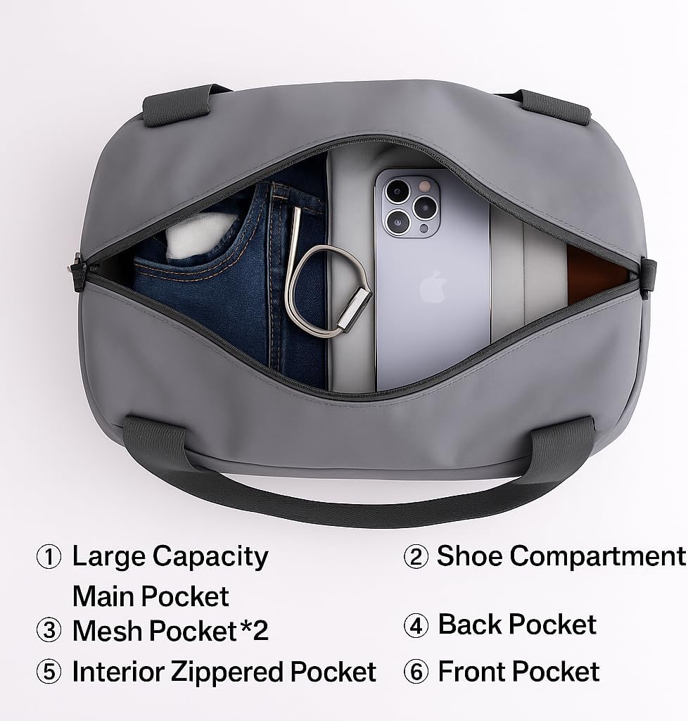 Gym Bag for Women Men with Shoe Compartment, Waterproof Small Duffle Bag for Travel, Sports, Weekend Lightweight Carry On Tote Bag(Gray)