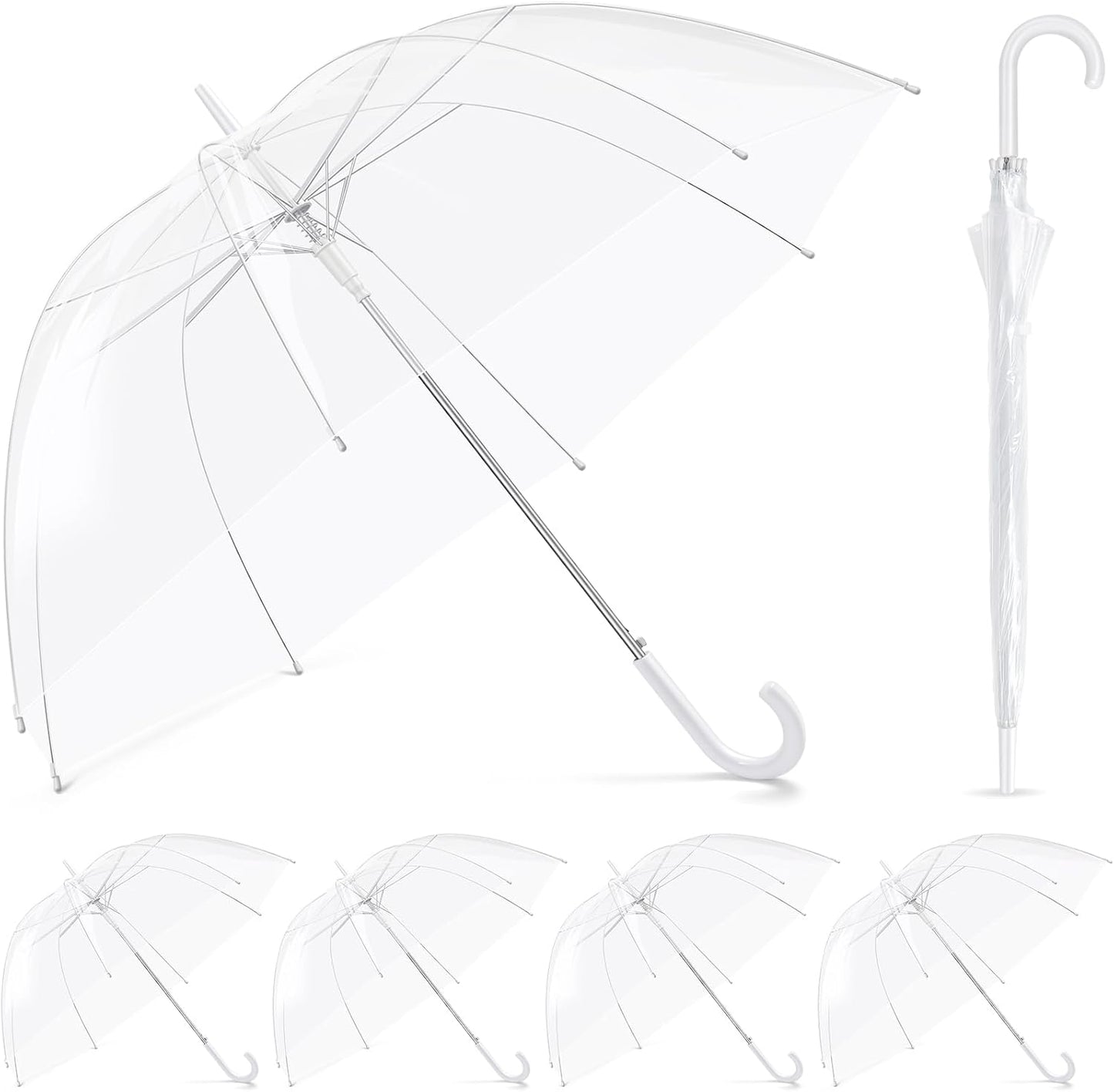 Fabbay 6 Pcs Umbrella Wedding Style Stick Umbrellas Large Windproof Bubble Rain Umbrellas with J Hook Handle for Bride Groom Gift(White Handle)