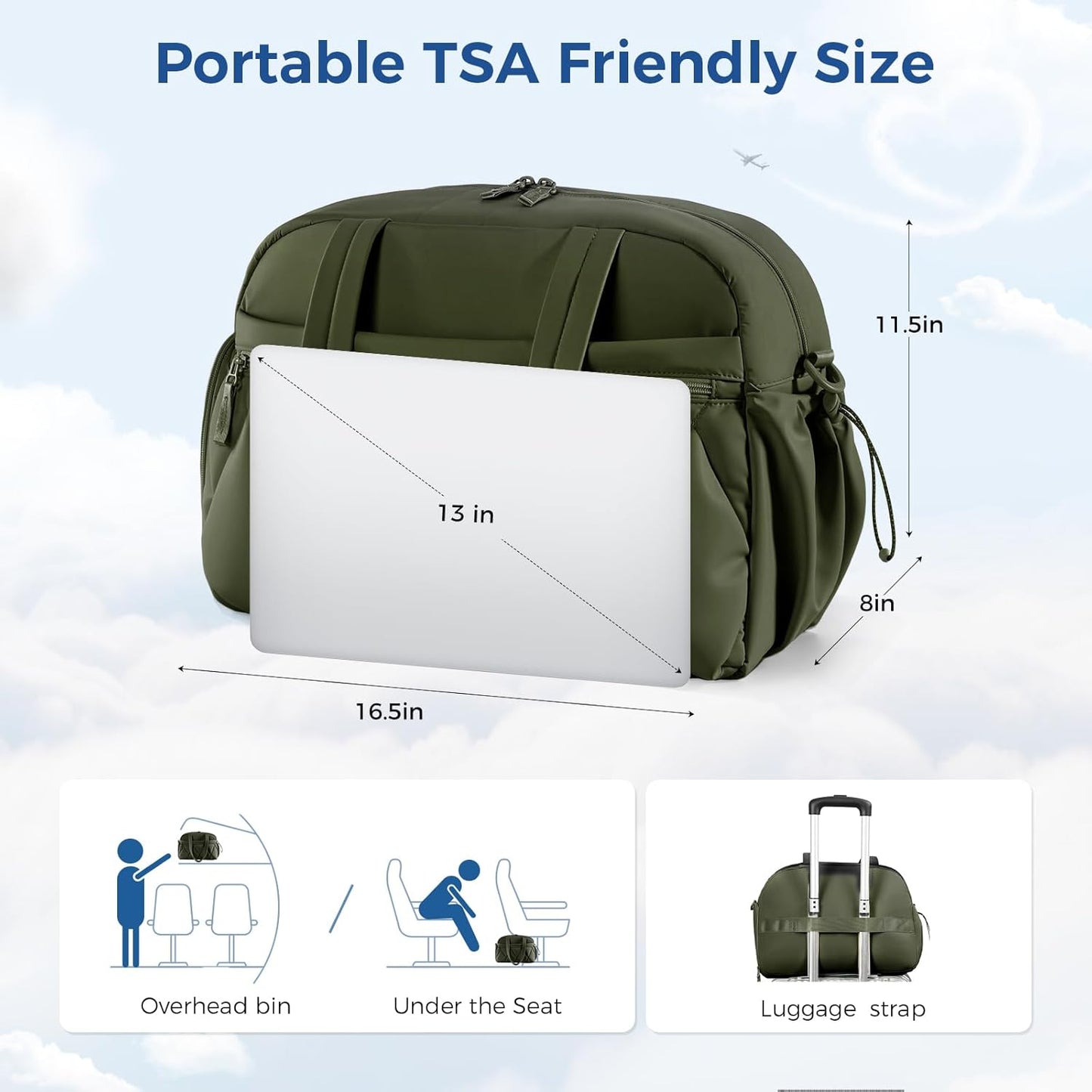 Gym Bag for Women, Puffer Travel Duffle Bag With Shoes Compartment & Wet Pocket, Carry On Tote Bag For Weekender, Overnight, Sport (Green)