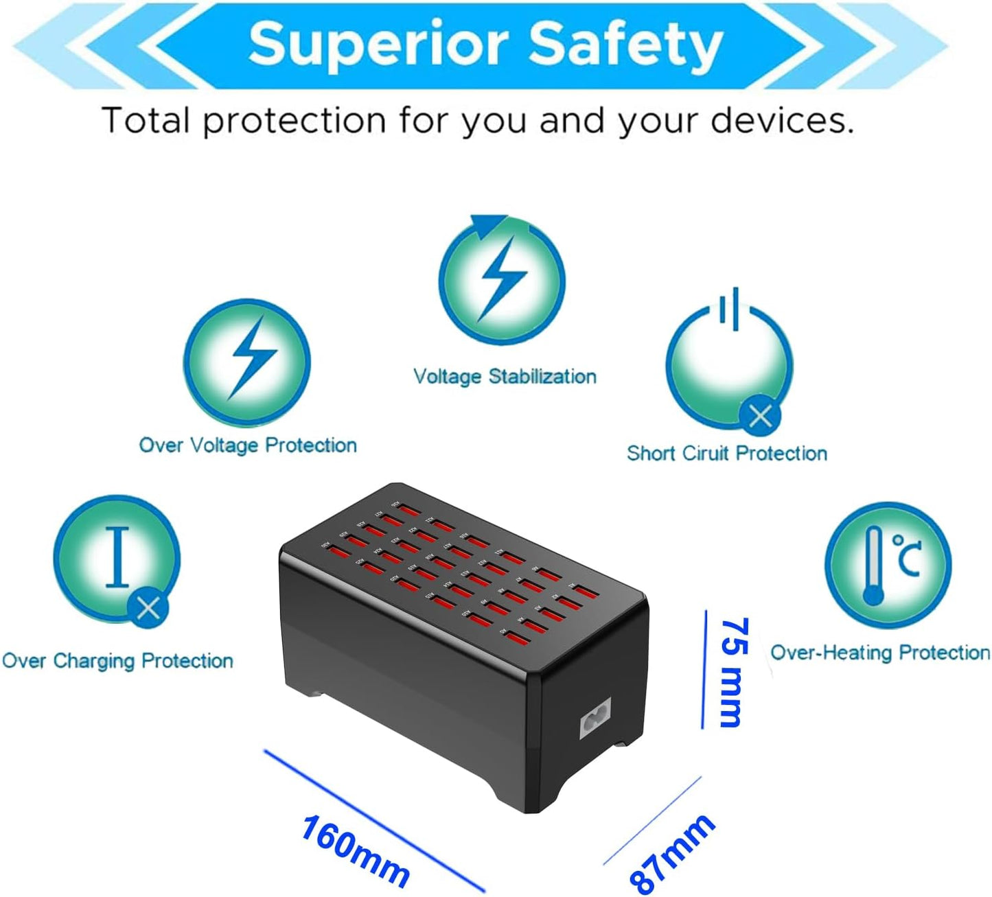 150W 30-Port Multi-Device USB Charging Station - Supports simultaneous Charging for Smartphones, Tablets, smartwatches and Other USB-Powered Devices.(30 Port Charger Station-Black)