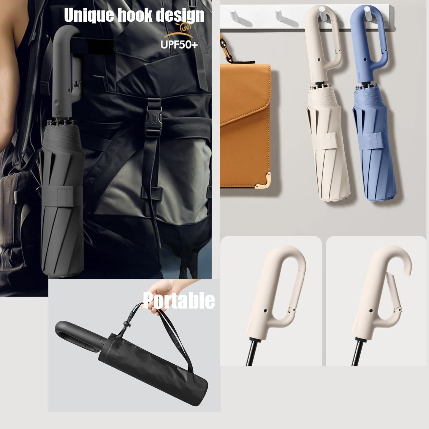 Travel Folding Golf Umbrella 10 Ribs Automatic Open/Close,Lightweight Compact Portable Backpack Car Parasol Outdoor,Sun/Rain,Anti 99 UV Protection UPF 50,Men Women Carabiner Handle Design