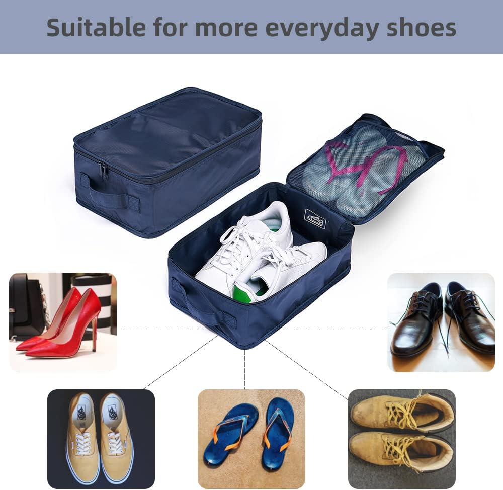Travel Shoe Bags, Foldable Waterproof Shoe Pouches Organizer-Double Layer (4 Navy Shoe Bag)